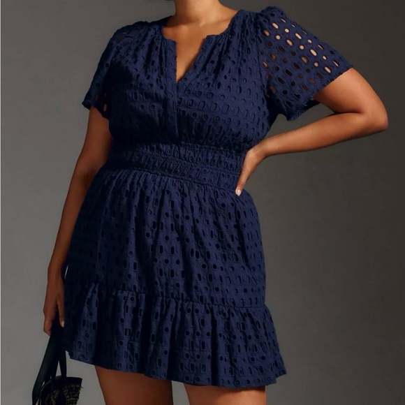Anthropologie Navy Blue Somerset Mini Dress in Eyelet - Picture 2 of 12